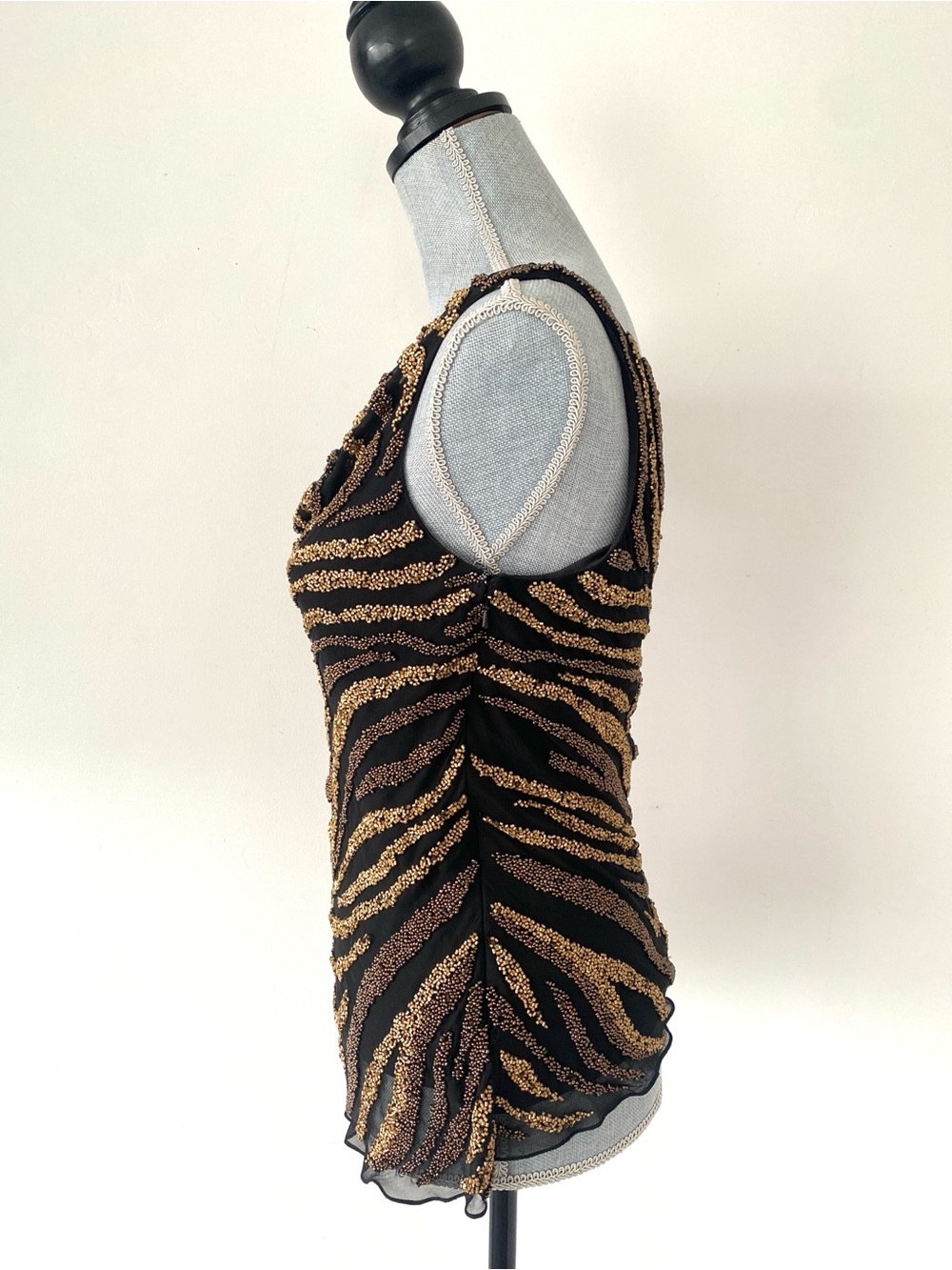 VTG Cache Black & Metallic Gold Fully Beaded Animal Print Sleeveless Blouse Sz S - Picture 4 of 12